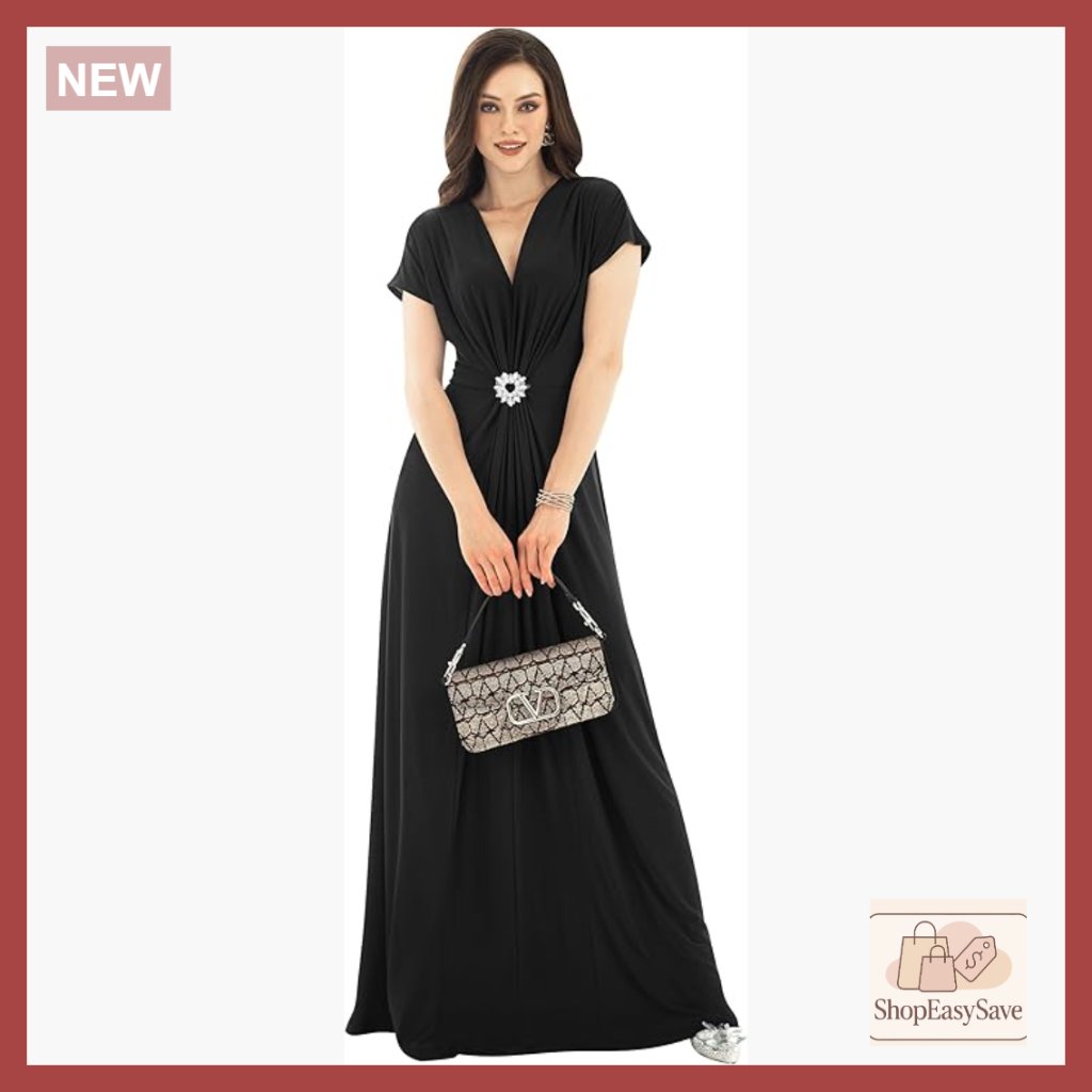 V-Neck Short Sleeve Maxi Dress Elegant Semi Formal Wedding Gown